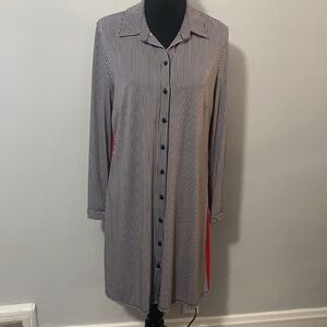 MSK Black & White Vertical Pinstriped Dress Red Down Sides Sz L NWT Long NWT